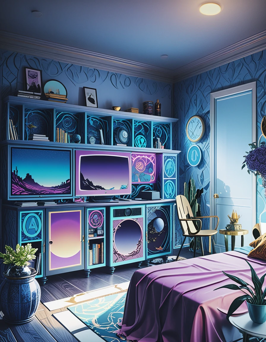 Moody eclectic 3D interior room with maximalist decor