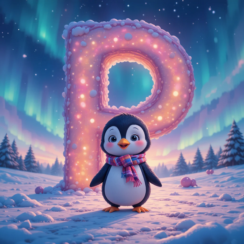 Dolce cucciolo di pinguino con sciarpa e grande lettera P in grassetto sotto l’aurora
