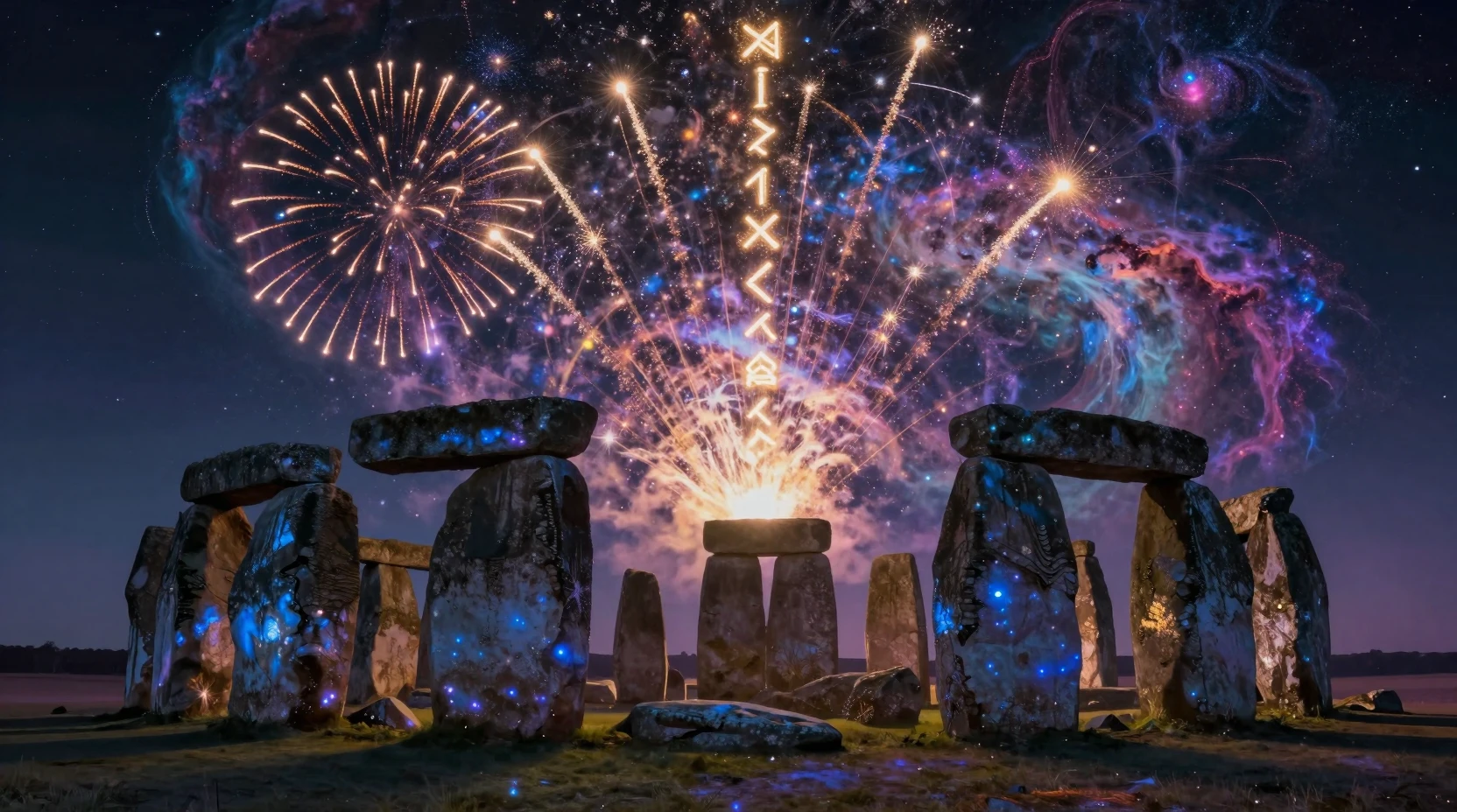 Ancient Stone Circle Under Mystical Cosmic Fireworks