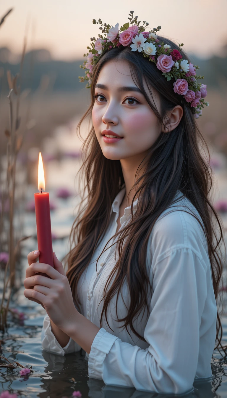 Ragazza con corona di fiori che tiene una candela nel fiume