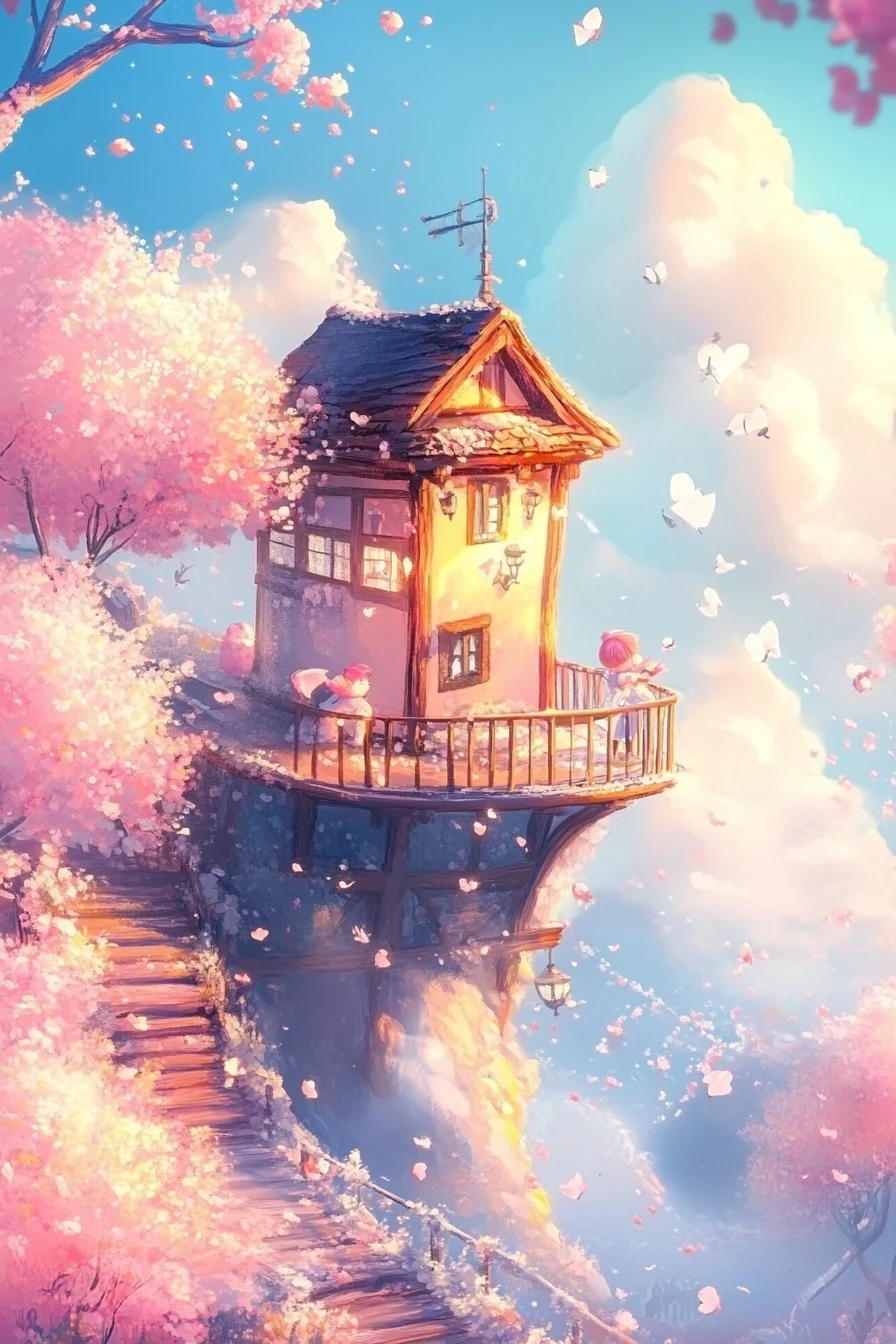 Ilustración infantil de cuento con estilo fantasioso en colores pasteles brillantes