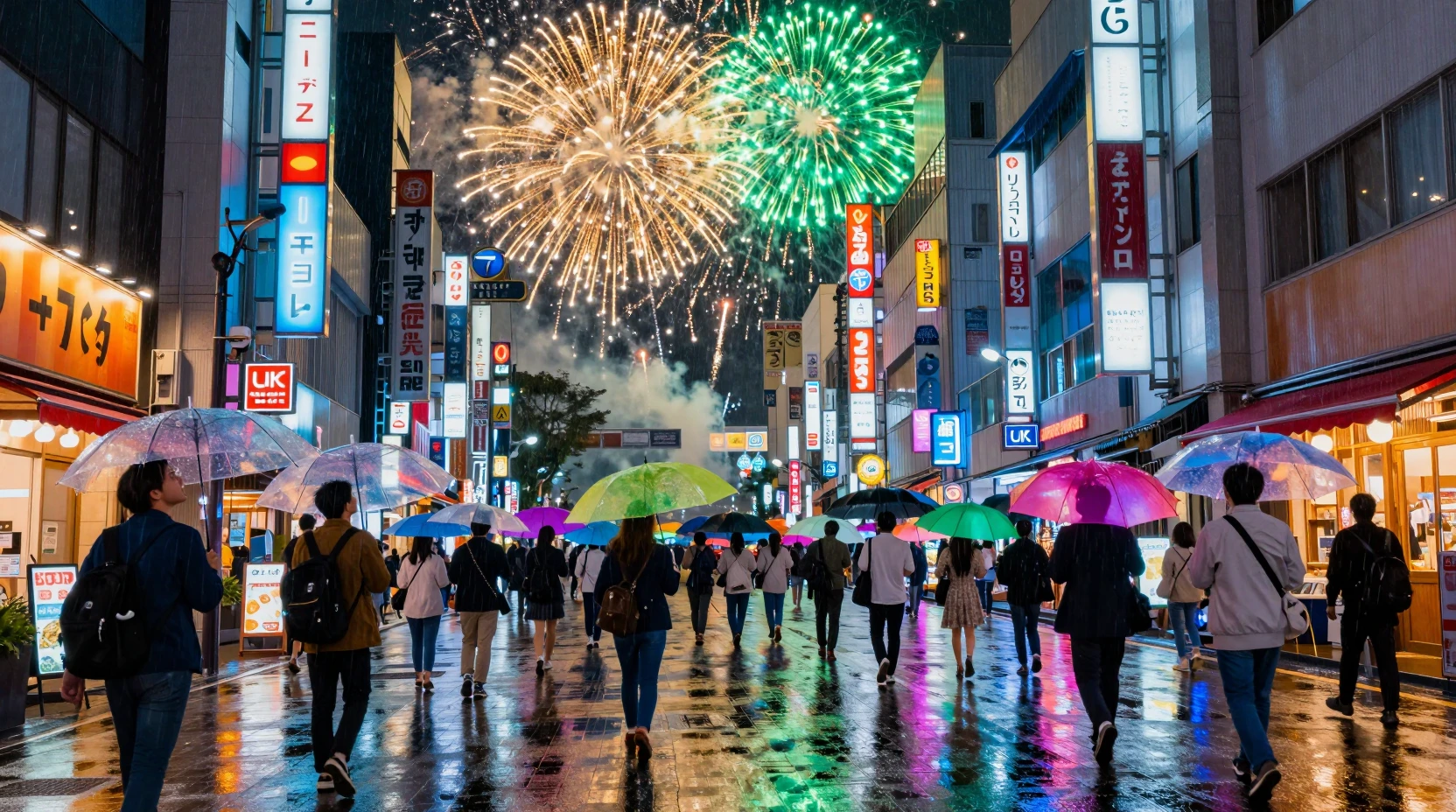 Fogos de artifício sobre rua neon em Tóquio com multidão de guarda-chuvas