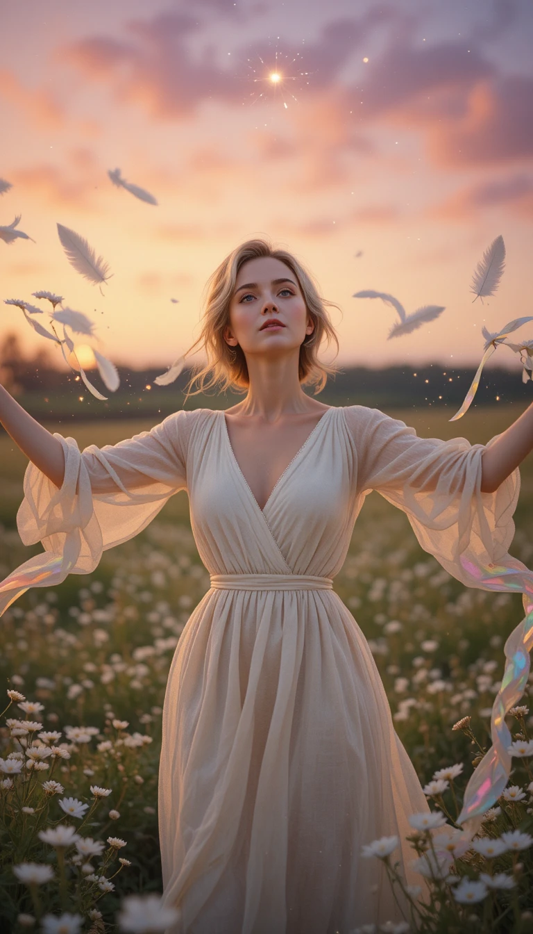 Elegante mulher mais velha em um prado ao crepúsculo mágico