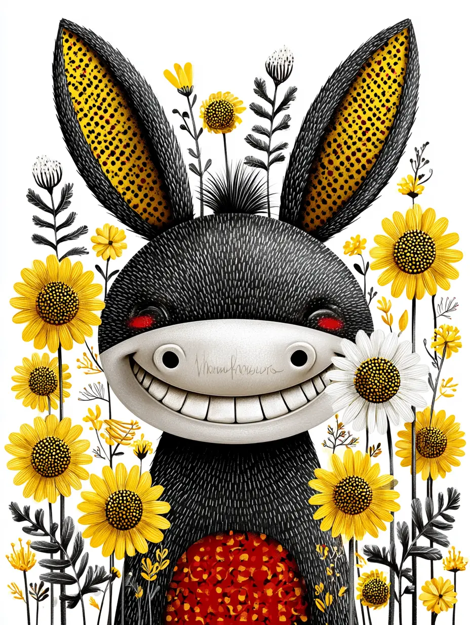 Playful cartoon donkey smiling in a field of wildflowers
