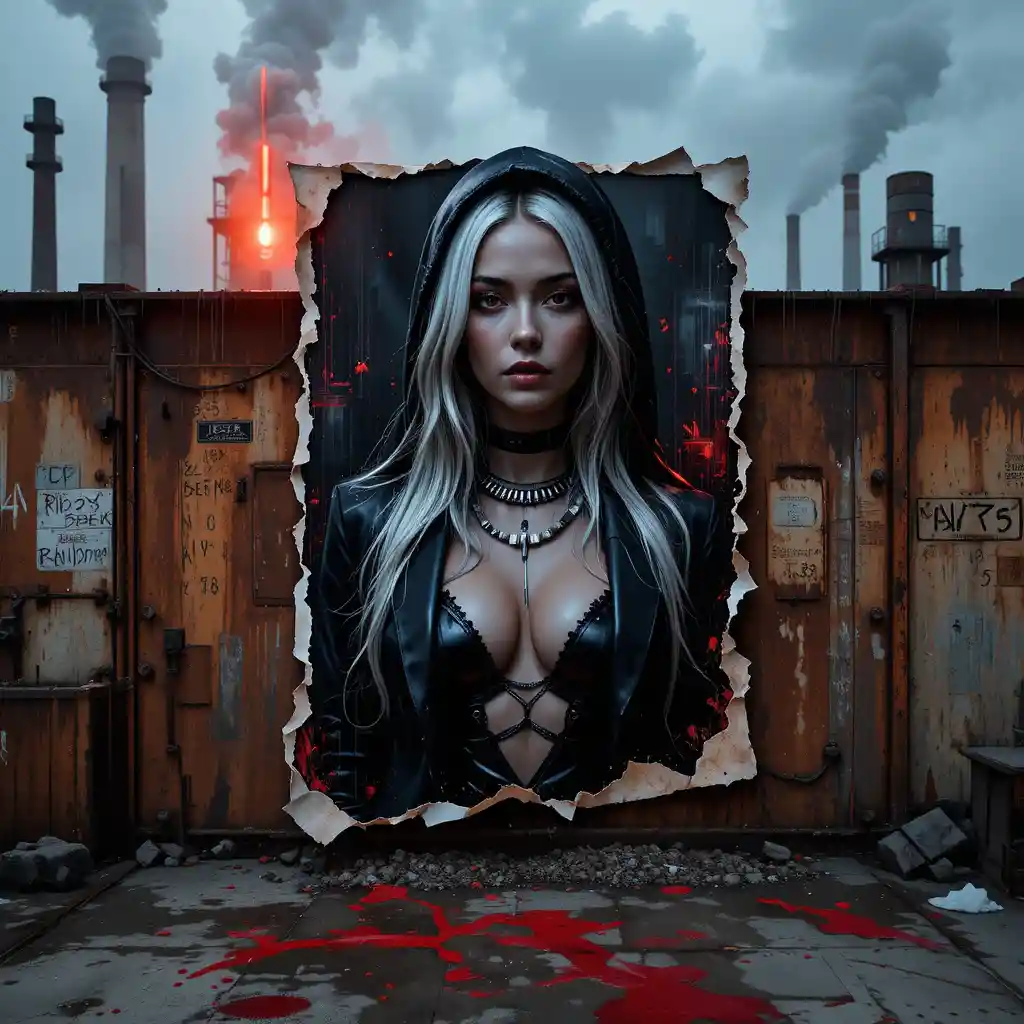 Cyber-Noir-Poster einer Frau an der Wand eines verlassenen Industriedachs