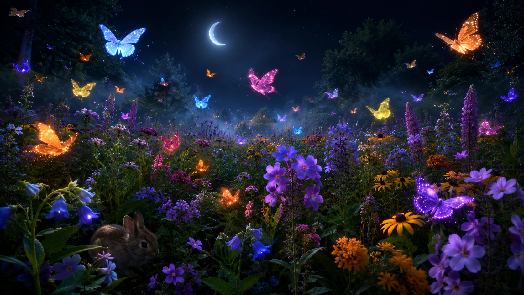 Borboletas brilhantes sobre flores silvestres sob uma lua crescente