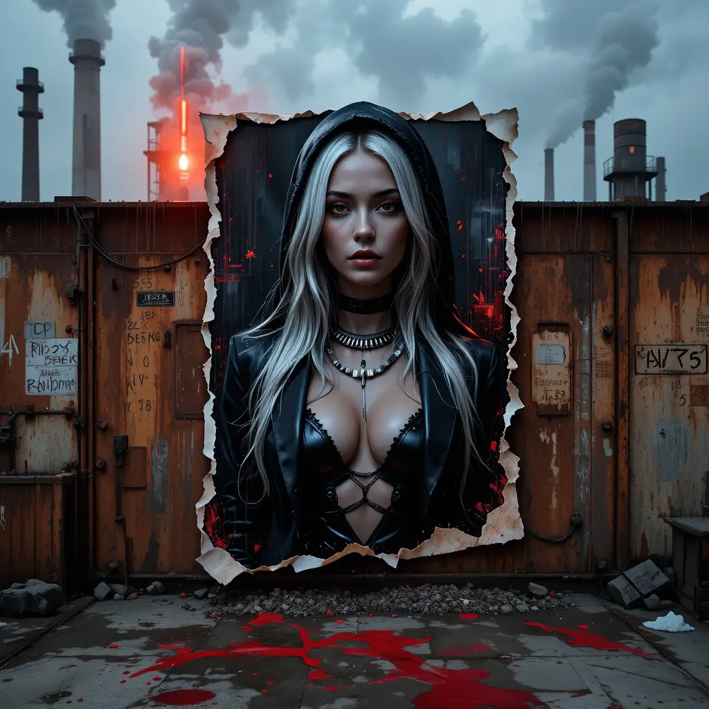 Cyber-Noir-Poster einer Frau an der Wand eines verlassenen Industriedachs