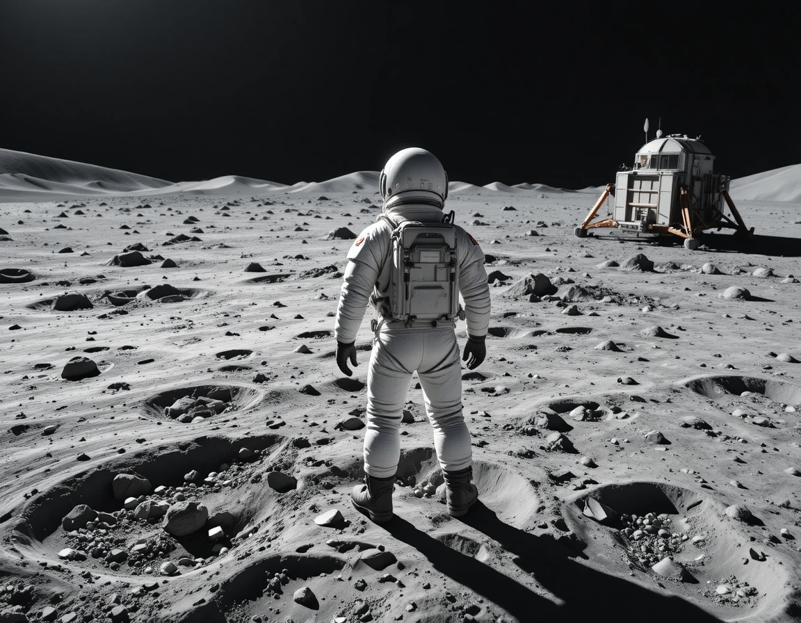 Astronaut Pointing Across Cratered Lunar Landscape In Harsh Light