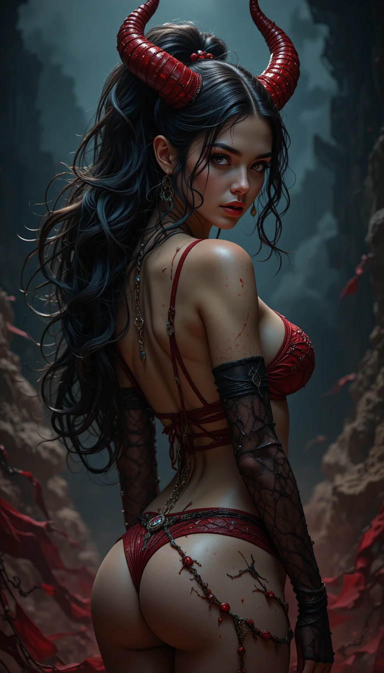 Seductive horned demon woman with red wings in smoke