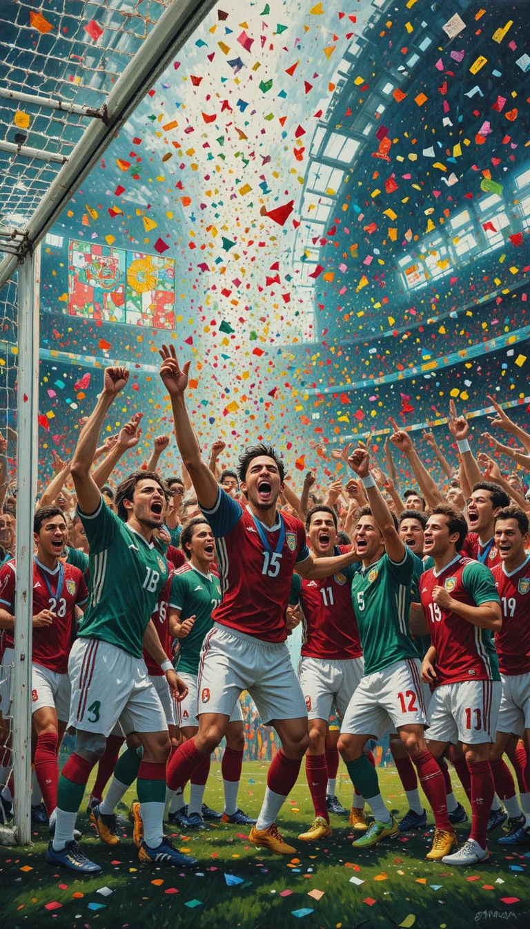ゴールを喜ぶメキシコ代表サッカーチームのインパスト絵画
