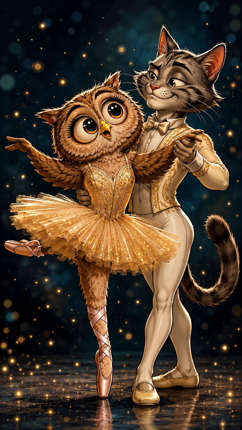 Coruja bailarina em desenho animado dançando com gato em palco mágico