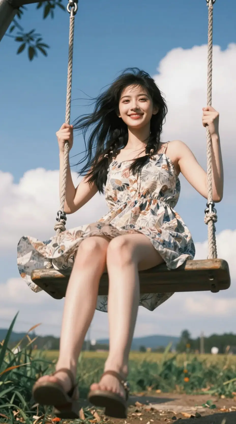 陽光普照鄉間盪鞦韆的喜悅女子