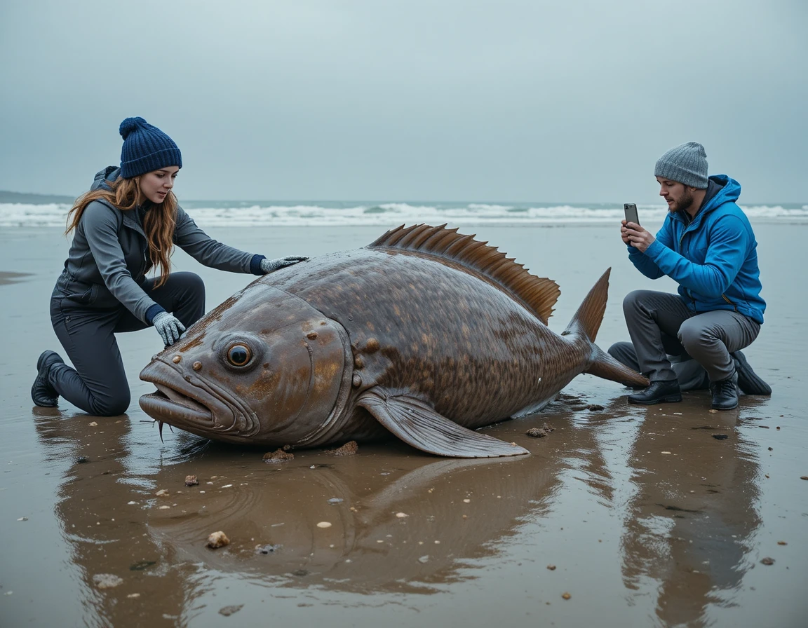 Researchers examine stranded ocean sunfish on overcast beach