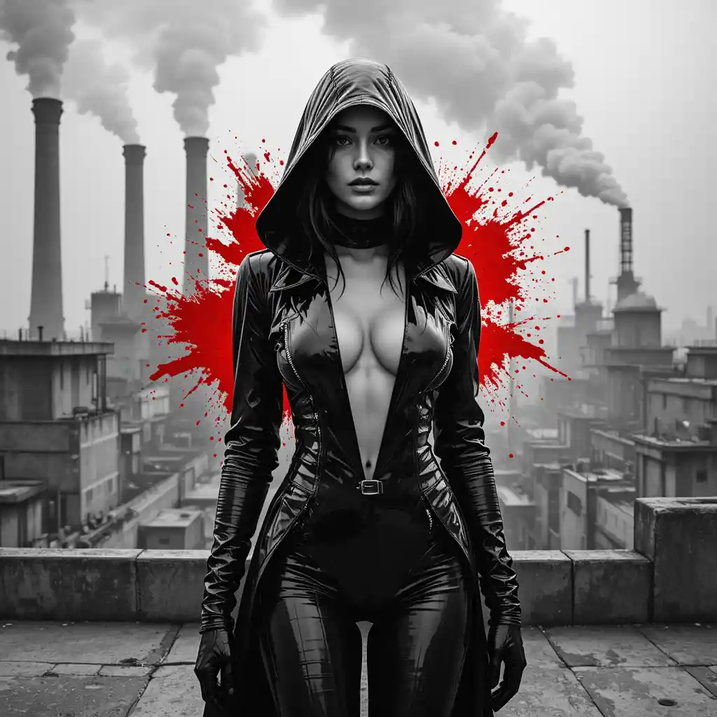 Femme cyberpunk cinématographique sur un toit dans une ville en monochrome