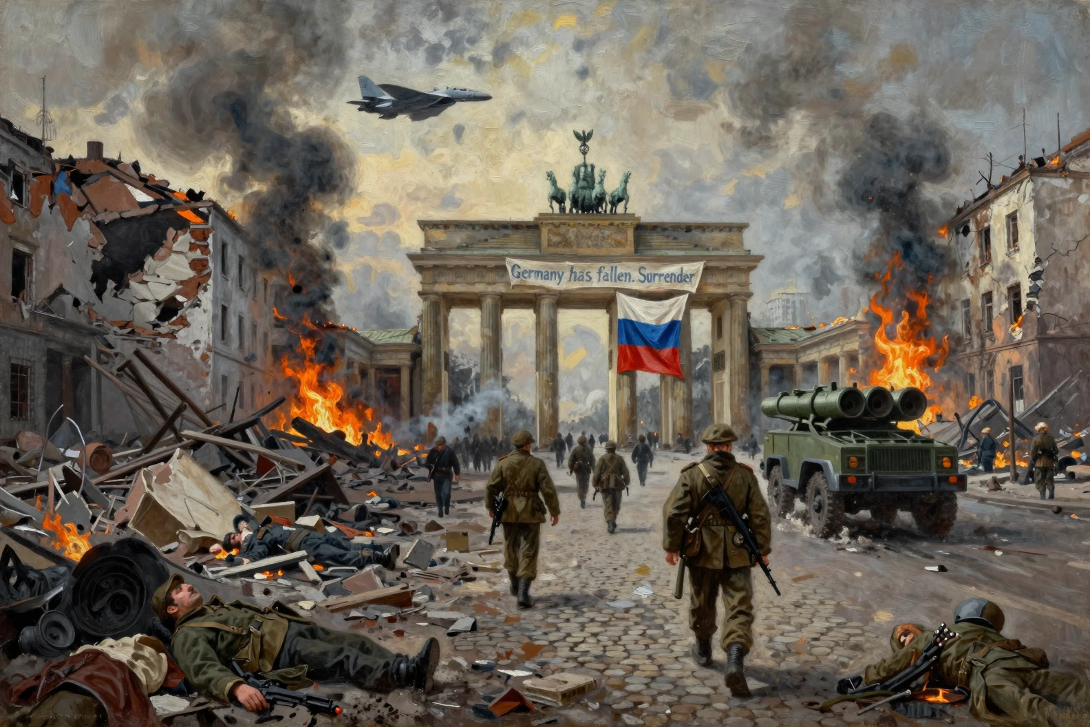 Oil painting of war torn Berlin with burning ruins
