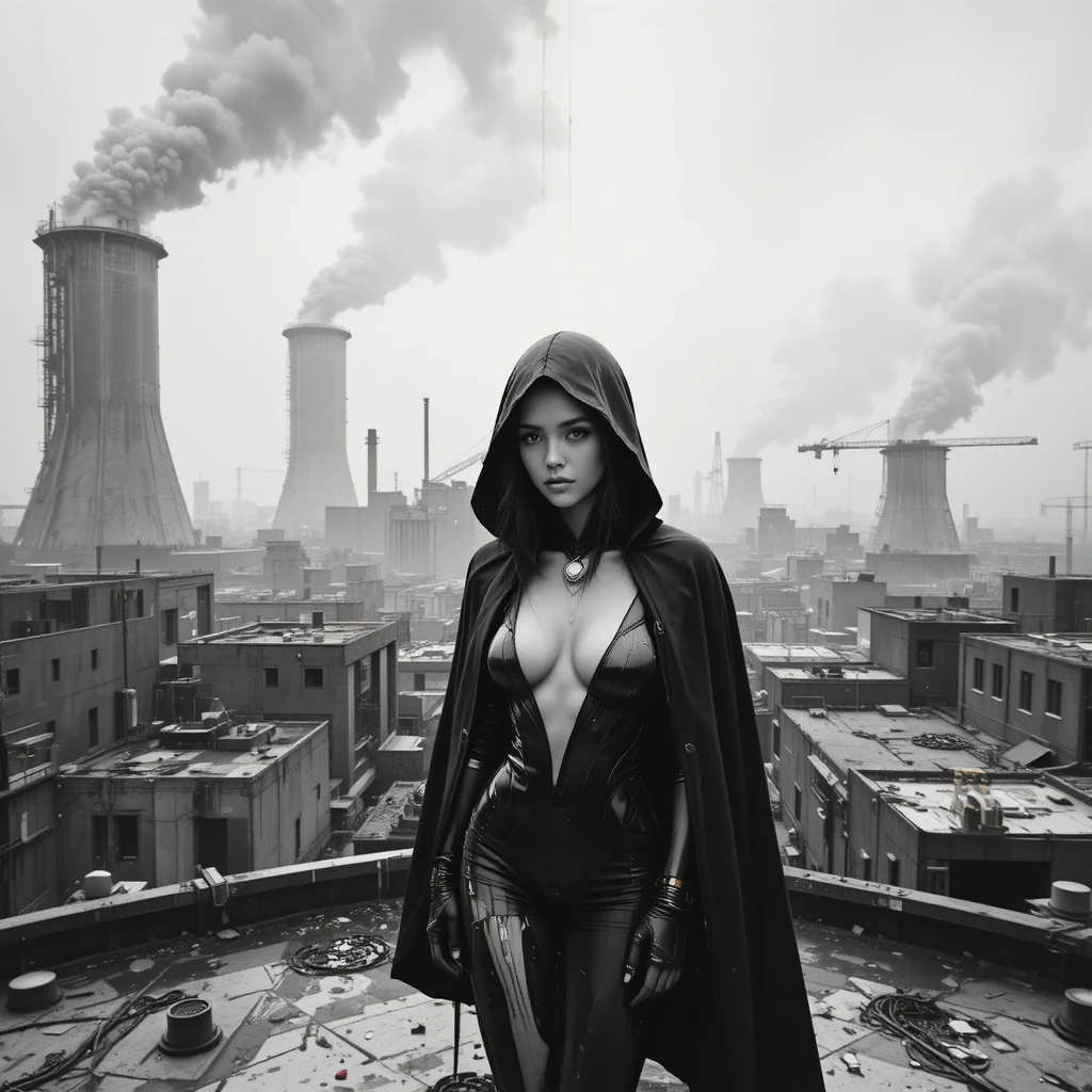 Cyberpunk-Femme-fatale auf dem Dach einer futuristischen Fabrik