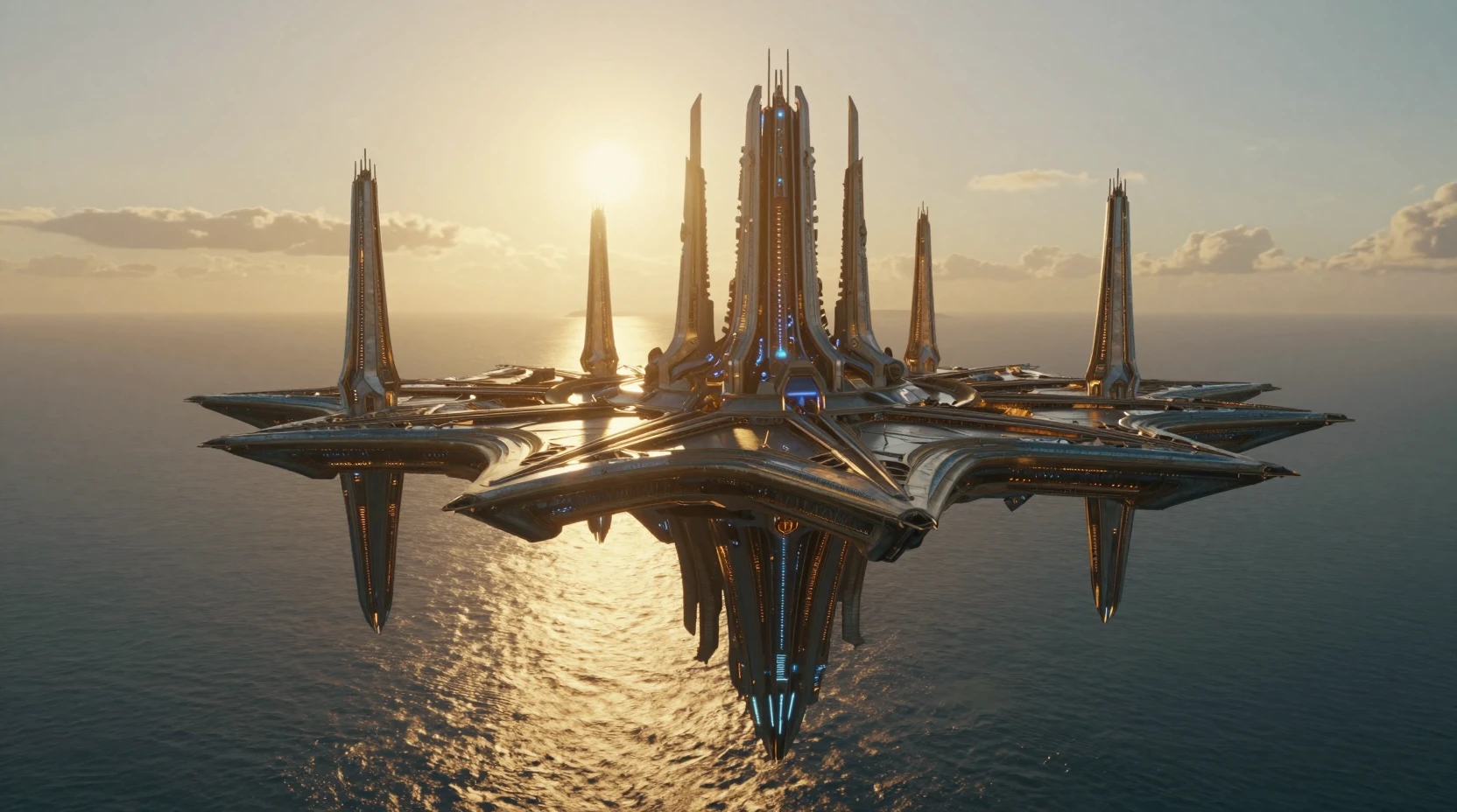 Città oceanica futuristica con alte guglie all’ora d’oro