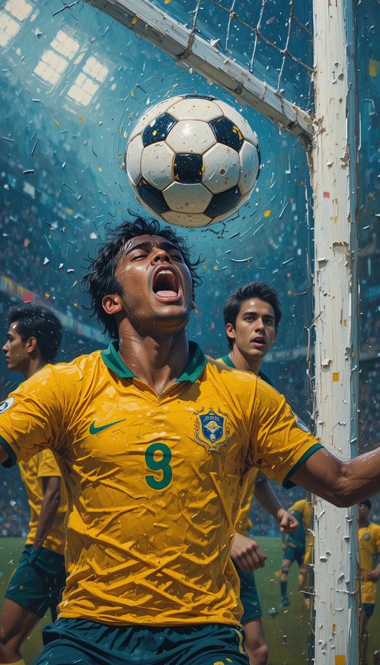 Jogador de futebol dramático cabeceando a bola em direção ao gol