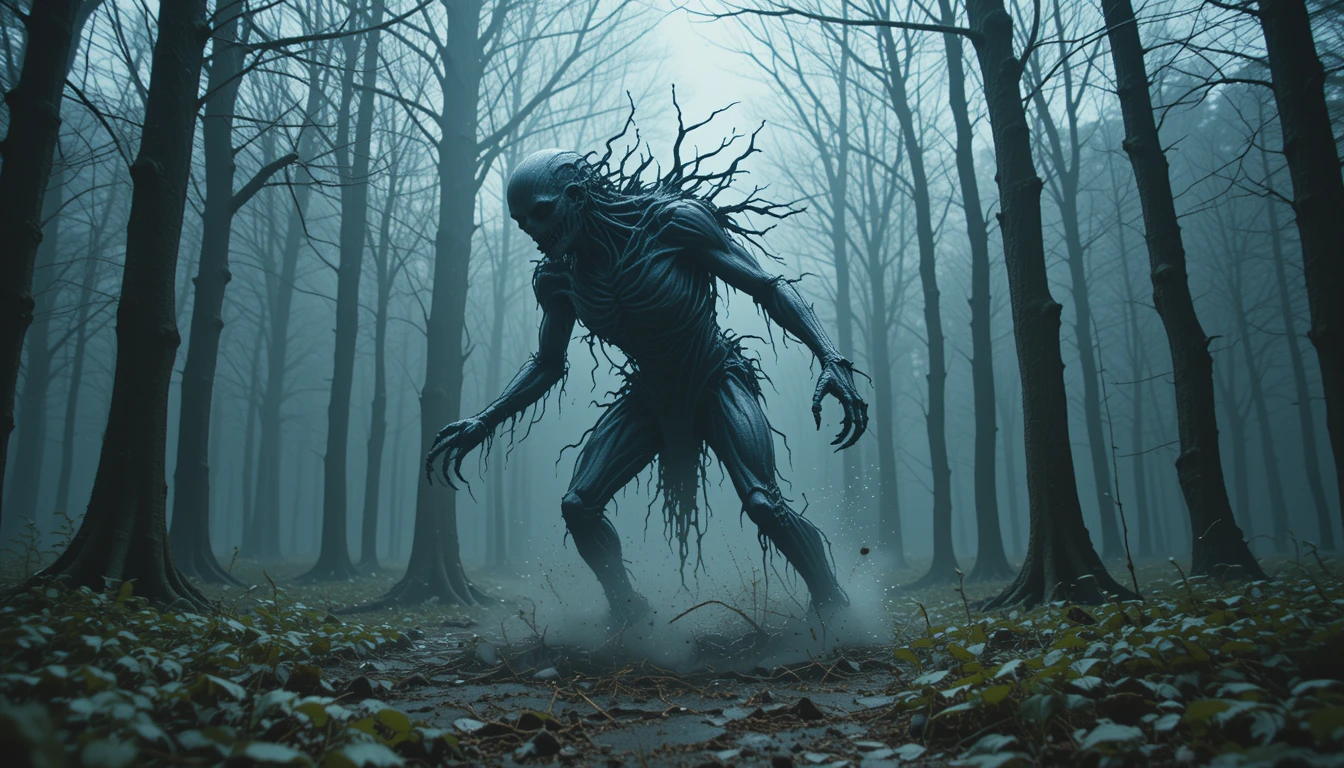 Monstro distorcido em slipstream se arrastando pela floresta