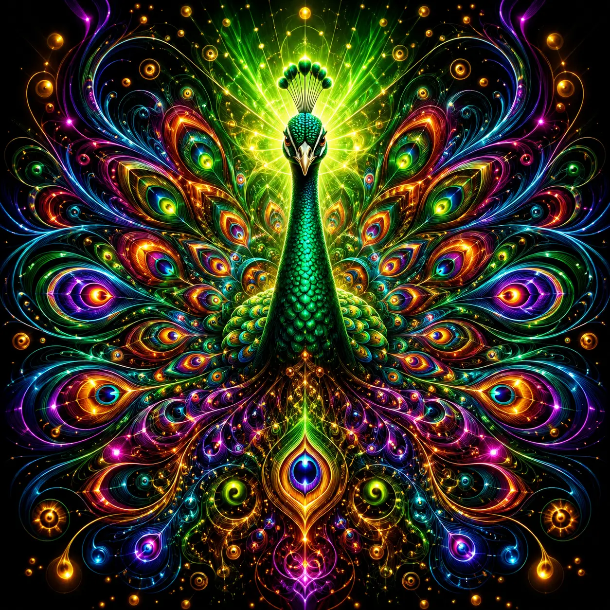 Psychedelic Peacock In Radiant Symmetrical Neon Feathers