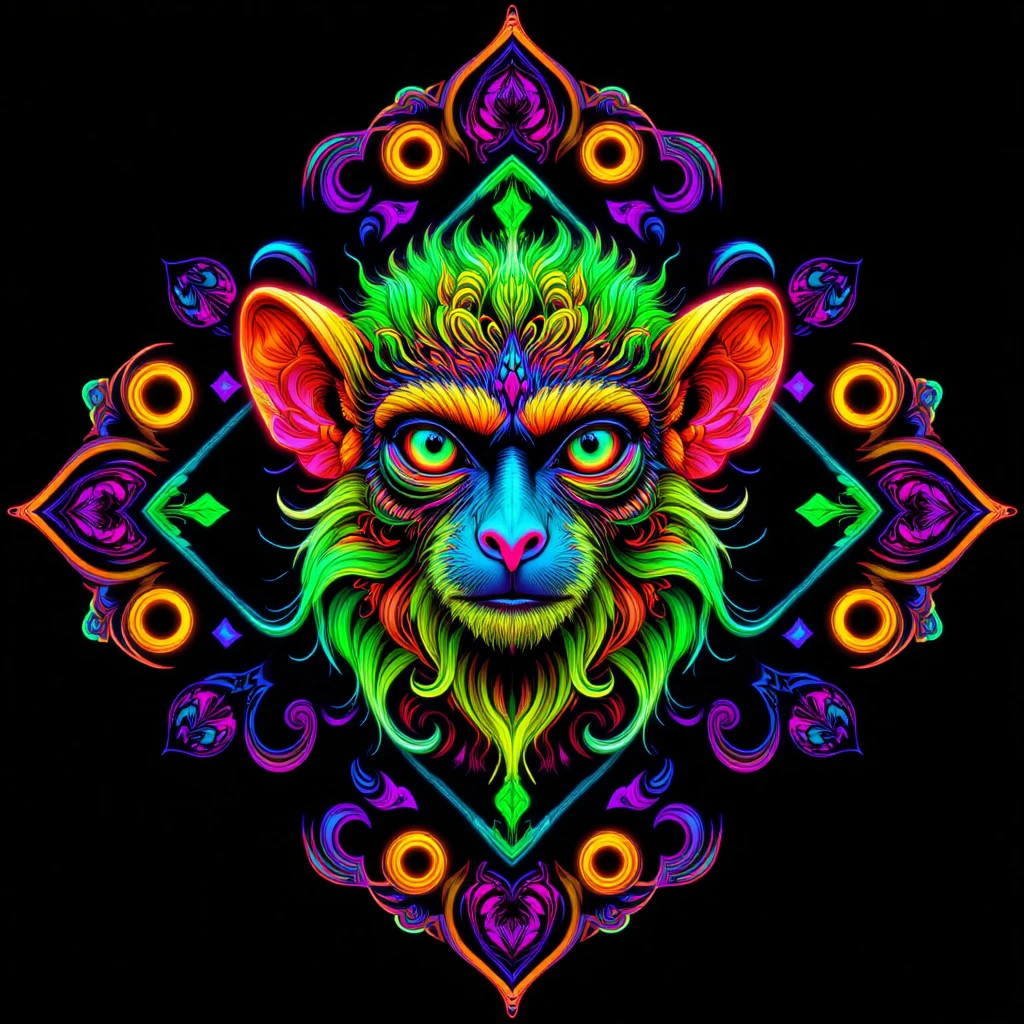 Cabeza de tití neón psicodélica en mandala luminosa