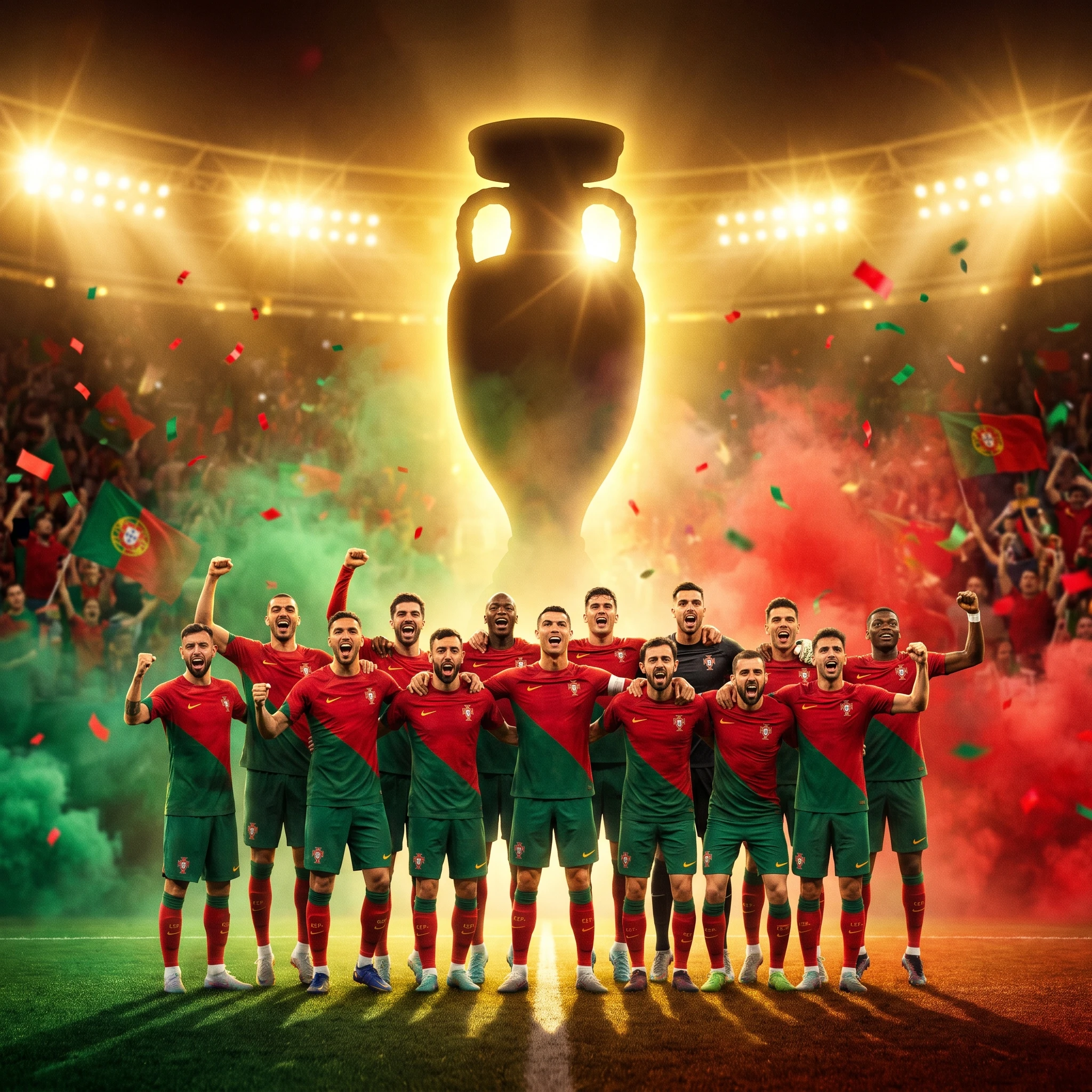 Portugal football team celebrating on epic stadium pitch