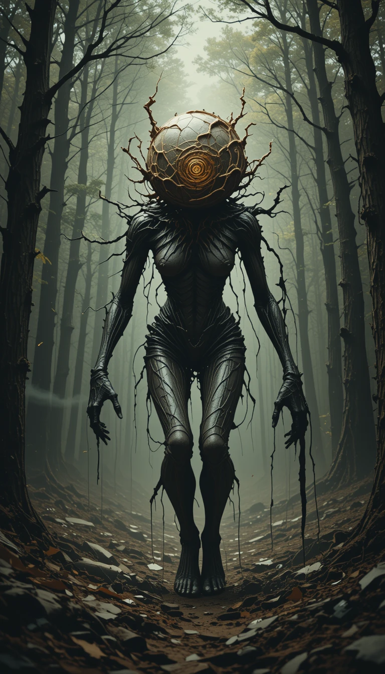 Monstro distorcido arrastando-se por uma floresta escura