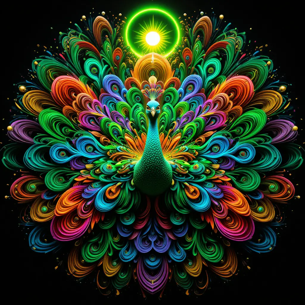 Psychedelic Green Peacock In Radiant Mandala Symmetry