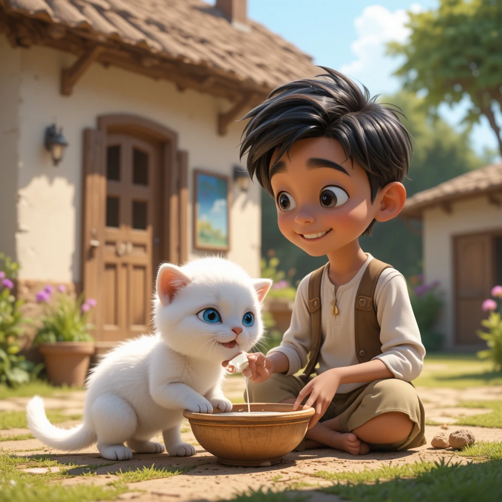 Menino alimentando gatinho branco com leite em frente a casa da aldeia