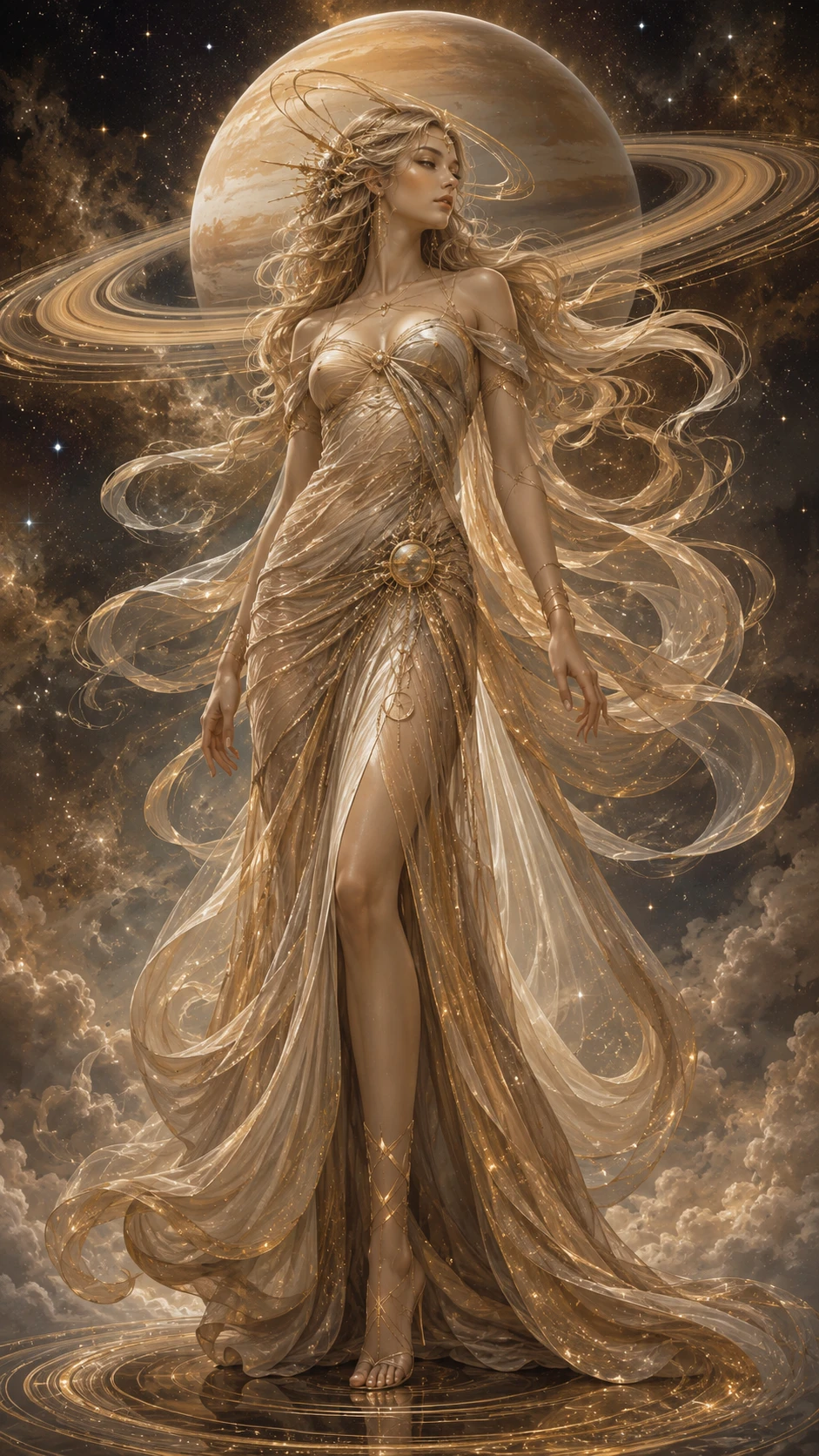 Mulher elegante que encarna o espírito místico de Saturno