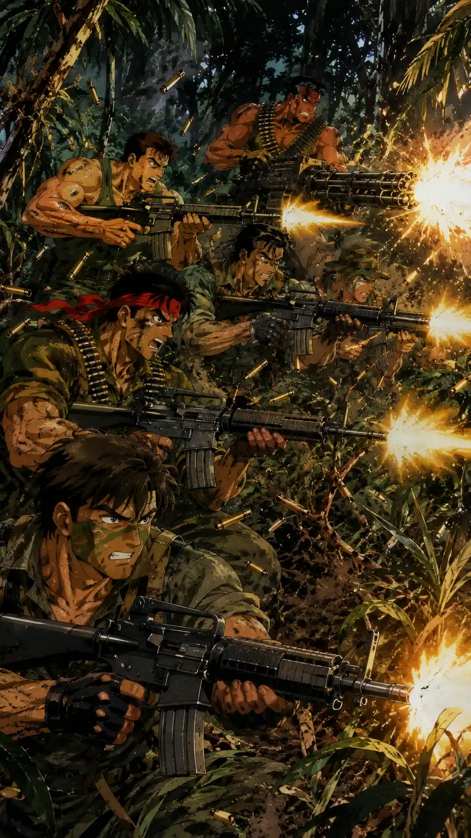 Elite anime commandos unleash gunfire in dense jungle