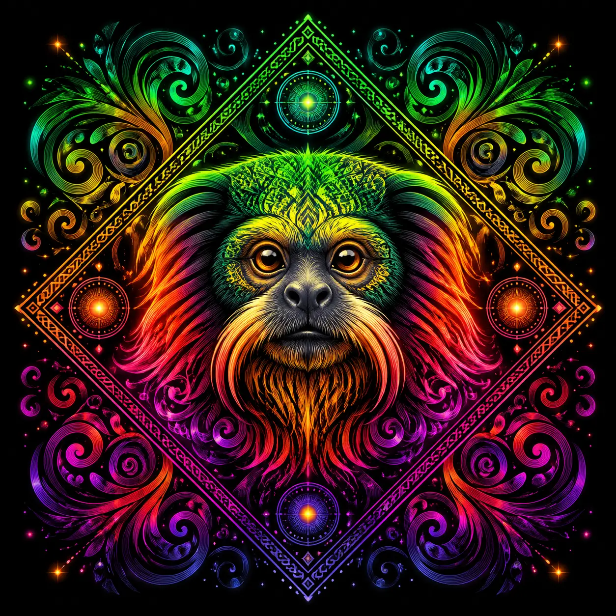 迷幻獼猴肖像與發光曼陀羅圖騰