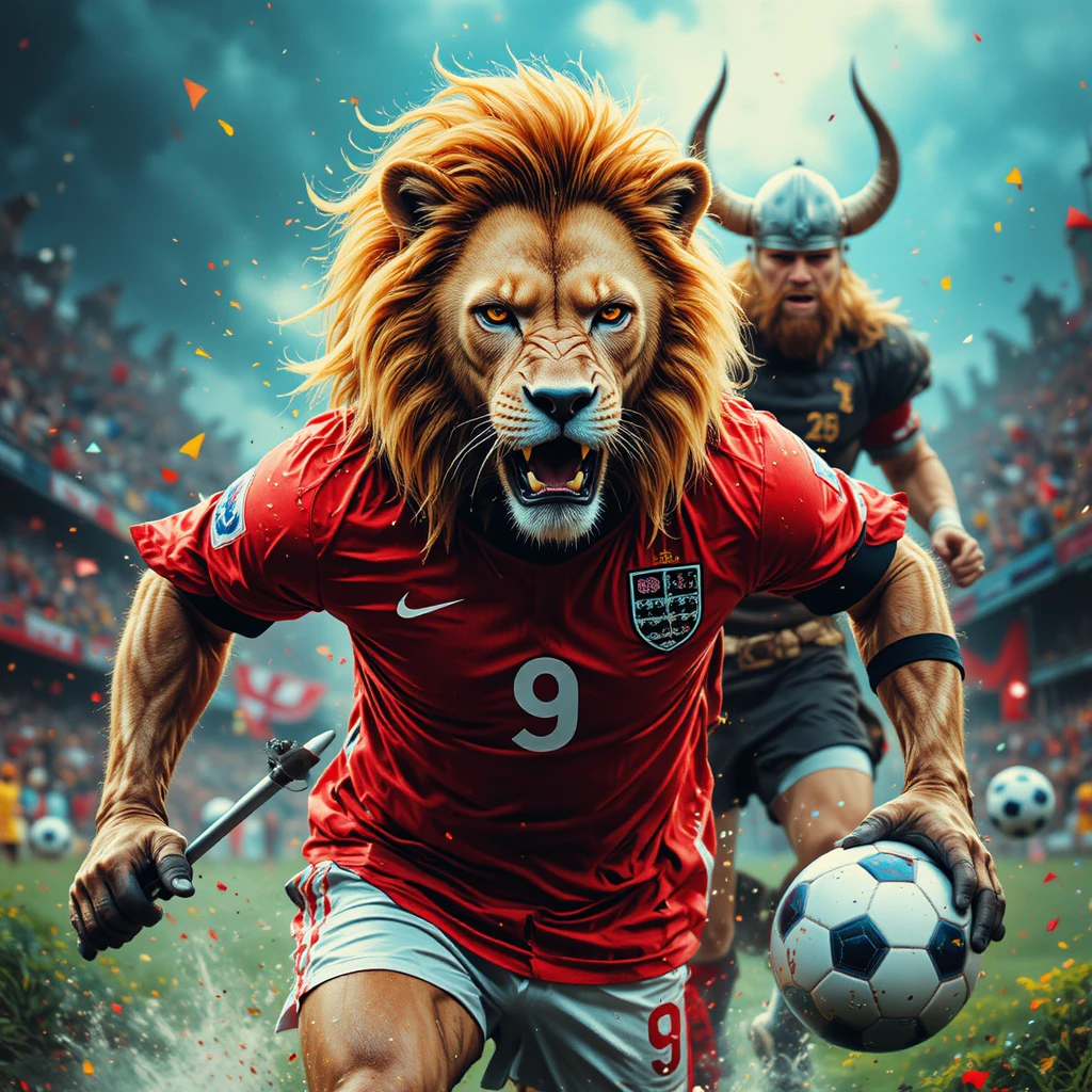 Footballeur lion en maillot de l’Angleterre charge un adversaire viking
