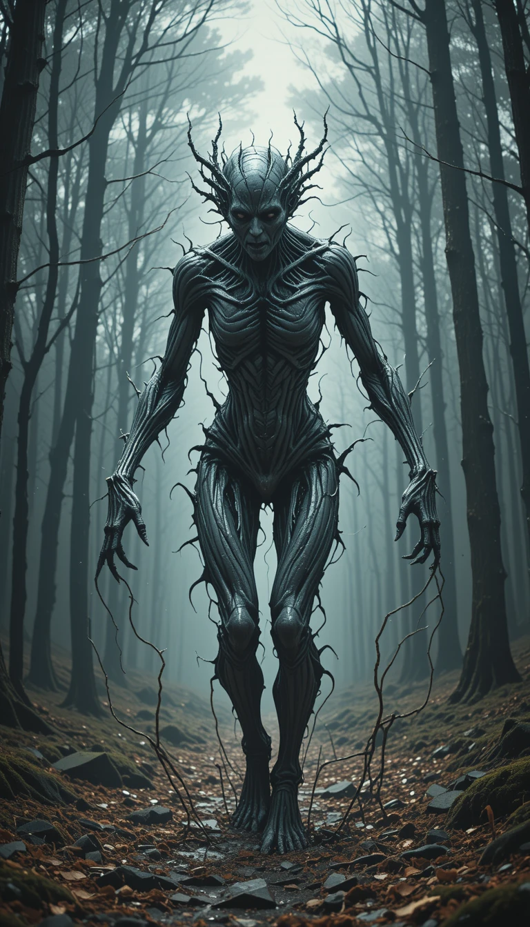 Monstro distorcido arrastando seu corpo mutante entre as árvores