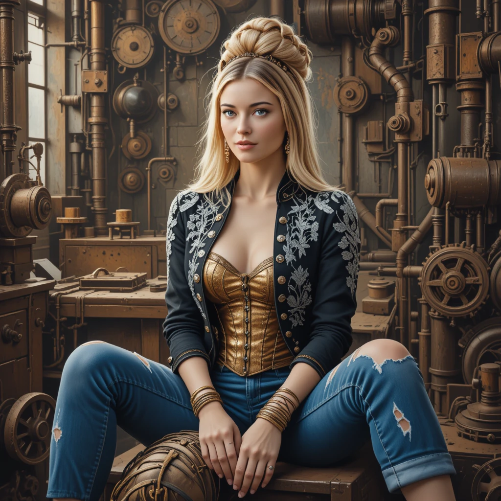 Ritratto a olio di elegante donna in officina steampunk