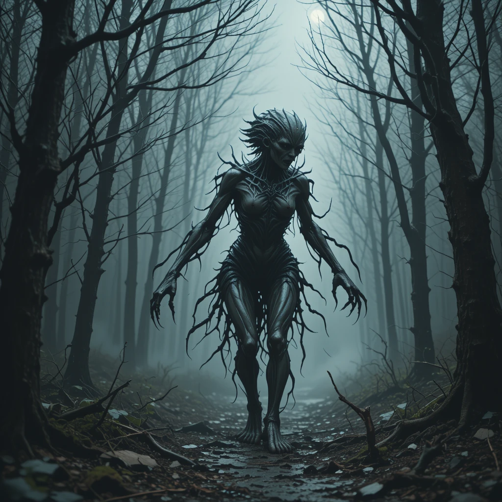 Monstro distorcido em slipstream se arrastando pela floresta