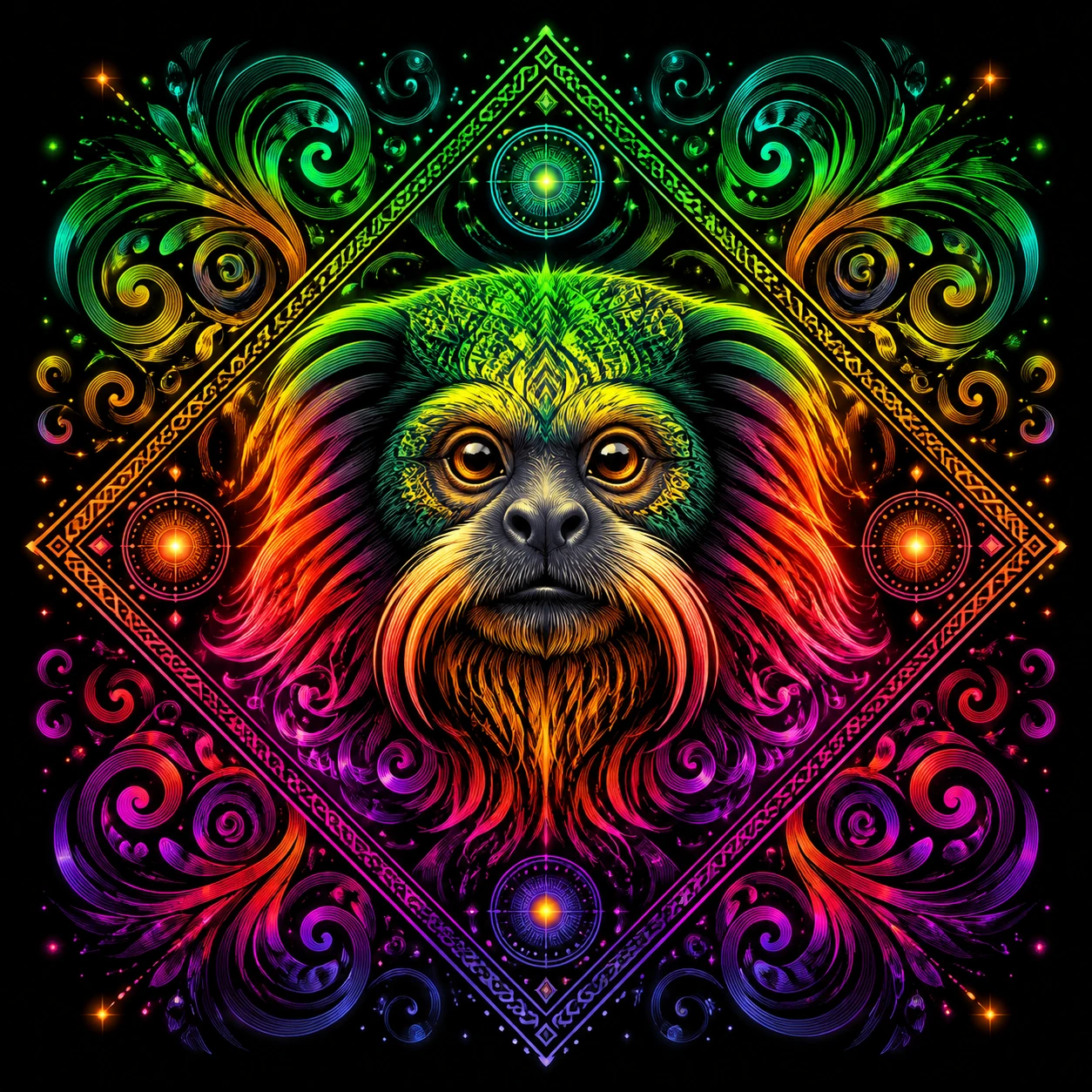 Ritratto psichedelico di tamarino con luminosi motivi di mandala