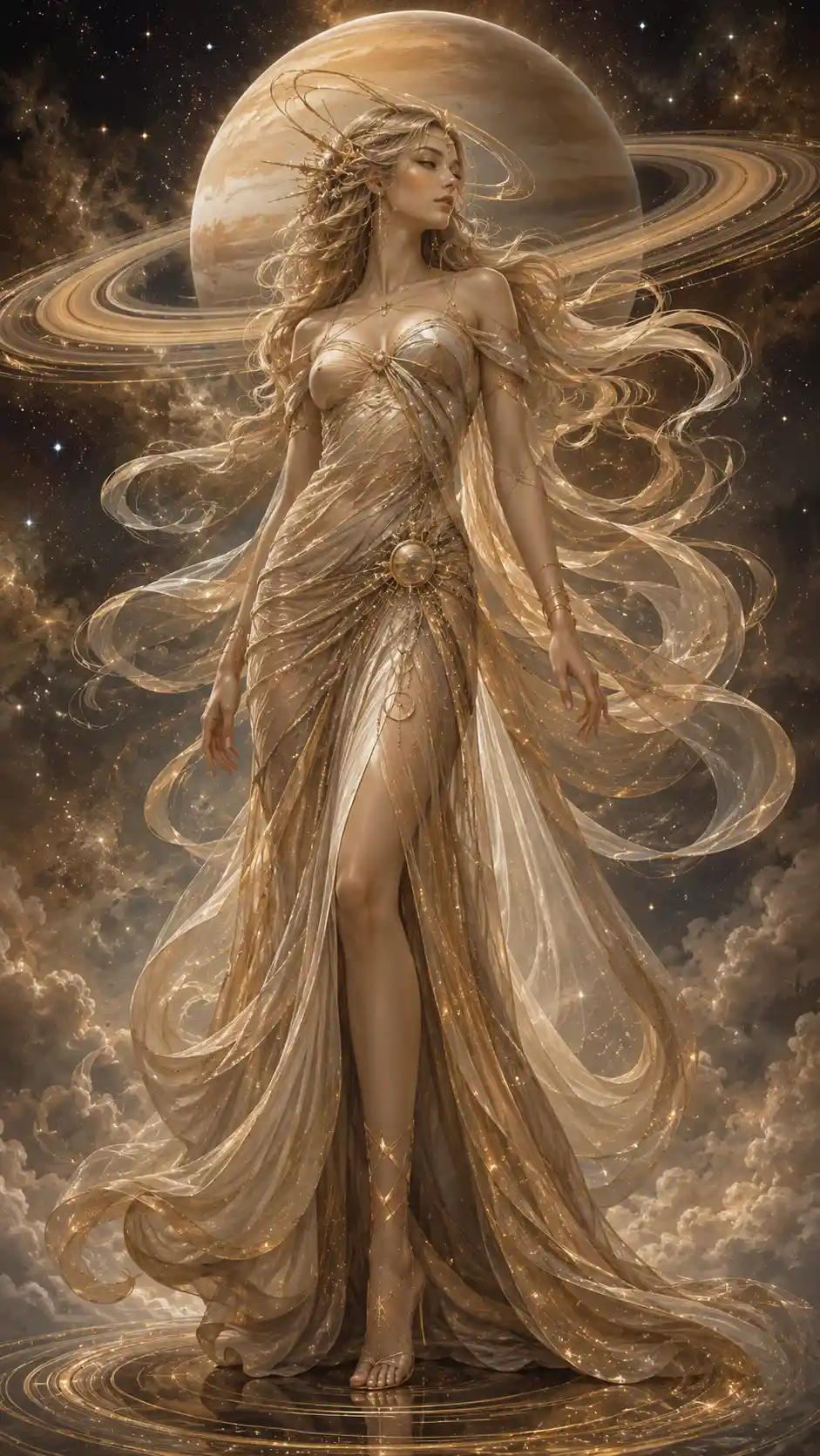 Elegant woman embodying the mystical spirit of Saturn
