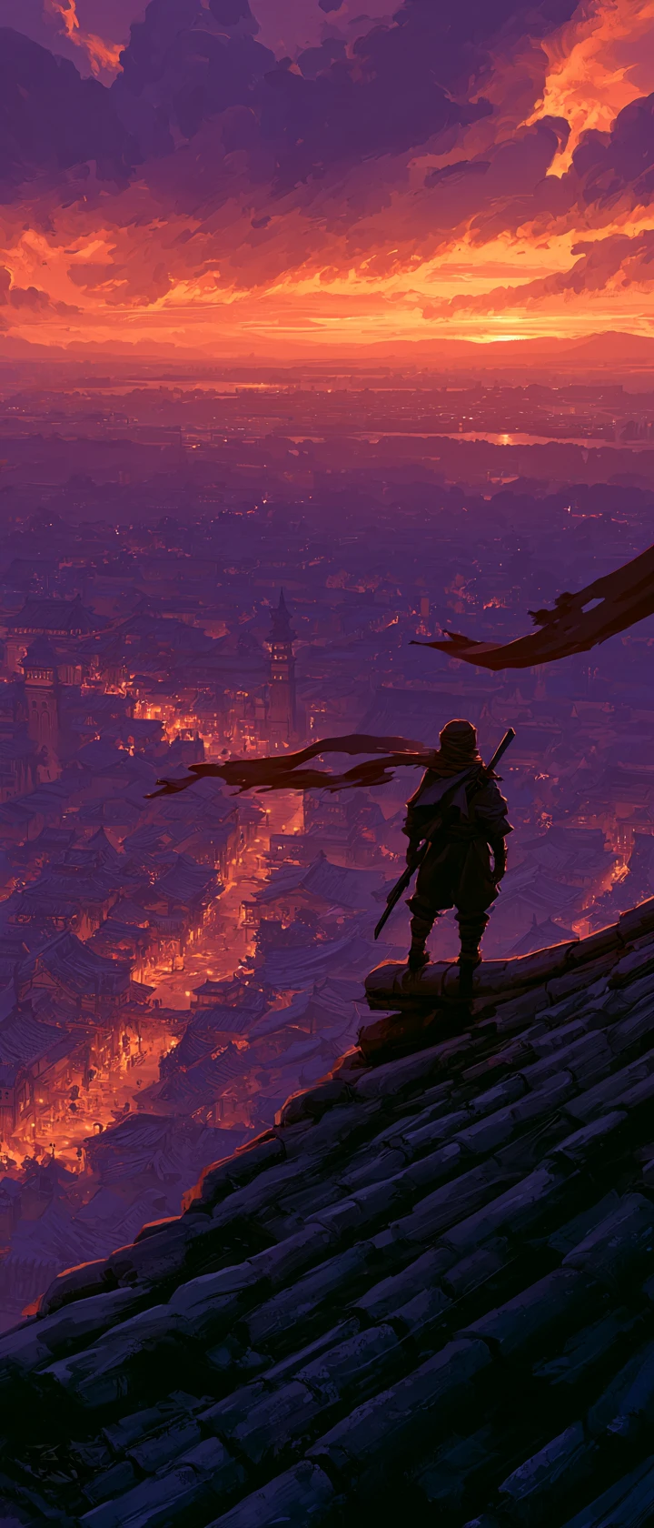 Ninja observando uma cidade fantástica ao entardecer do alto de um telhado