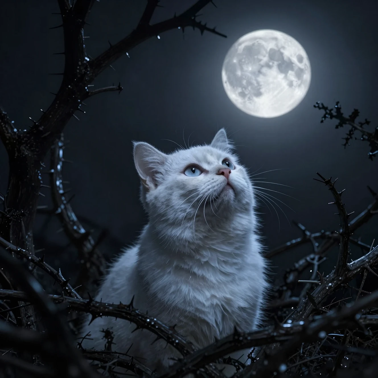 満月の下、いばらの暗い森に佇む白い猫