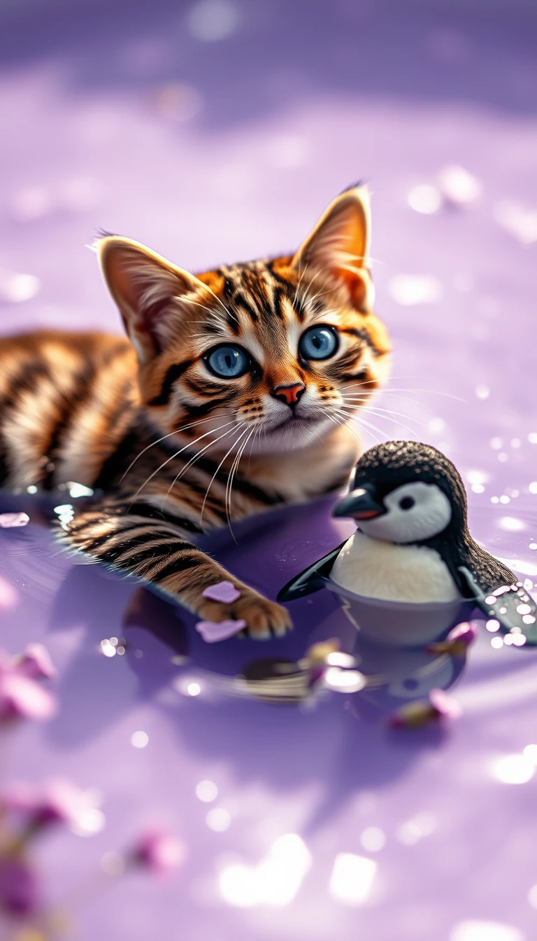 青い目の猫とペンギンがラベンダー色の水に浮かぶ