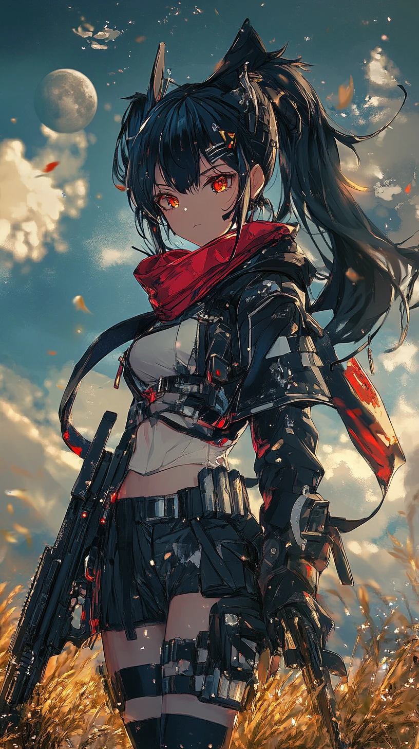 Garota de anime em uma velha estrada de pedra ao anoitecer