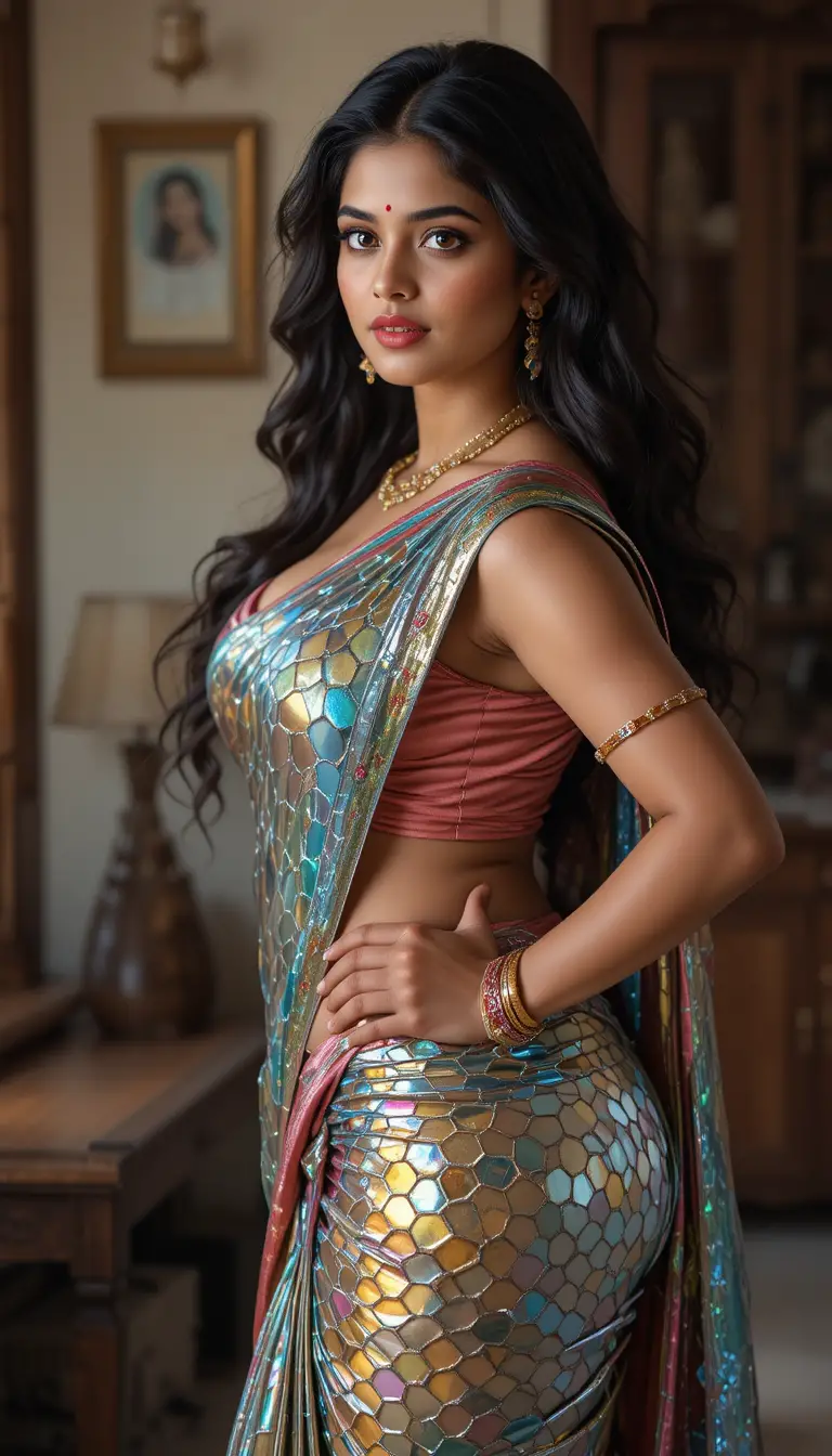 Indian woman in glossy mirror saree leaning in rustic room