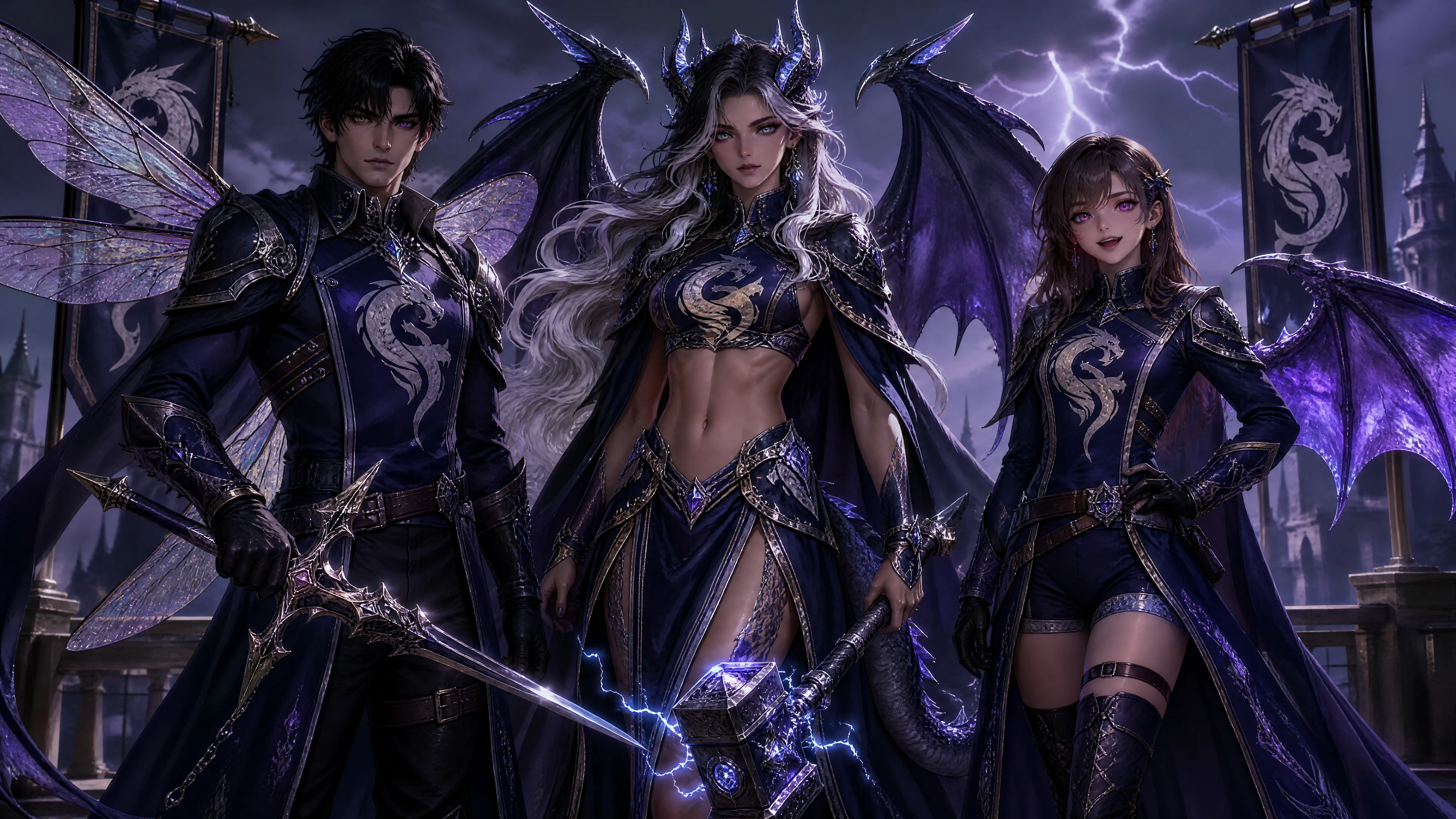 Reine dragon de la tempête avec cornes, ailes, queue et marteau royal