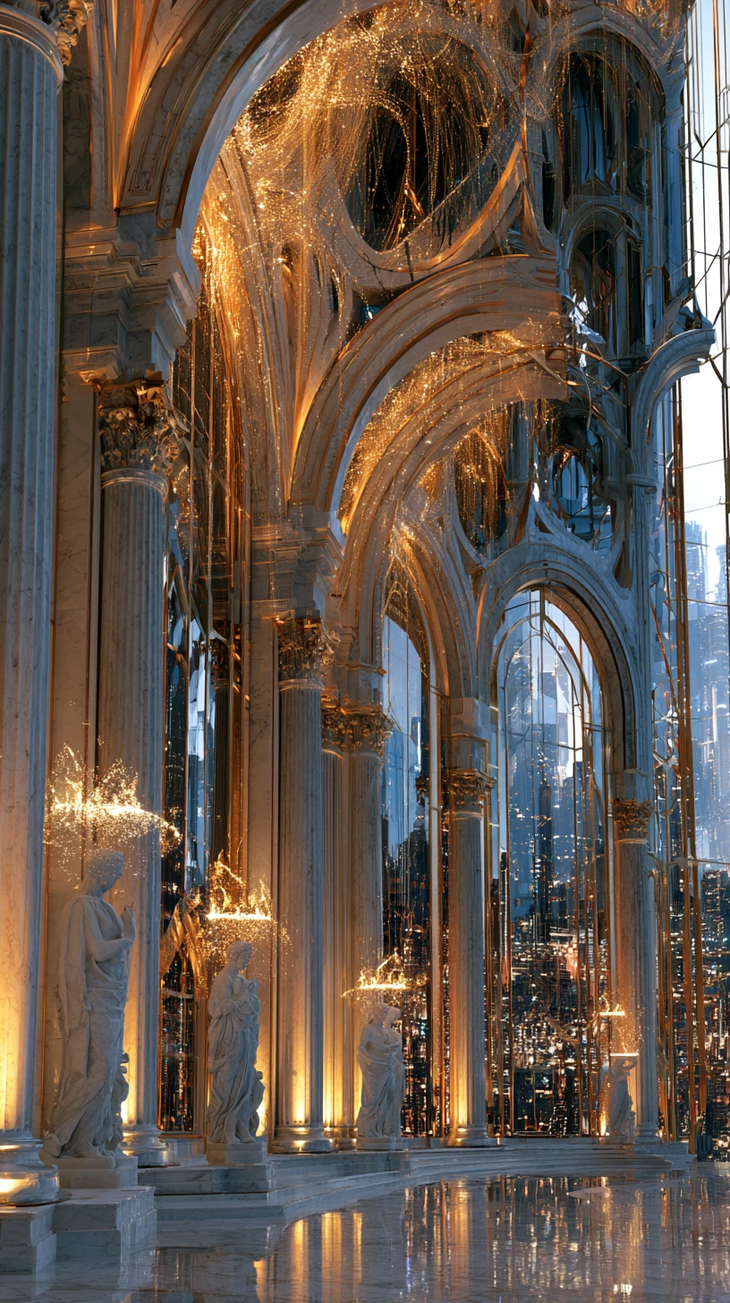 Cyber-Renaissance-Marmorsaal mit leuchtenden, von Daten gekrönten Statuen