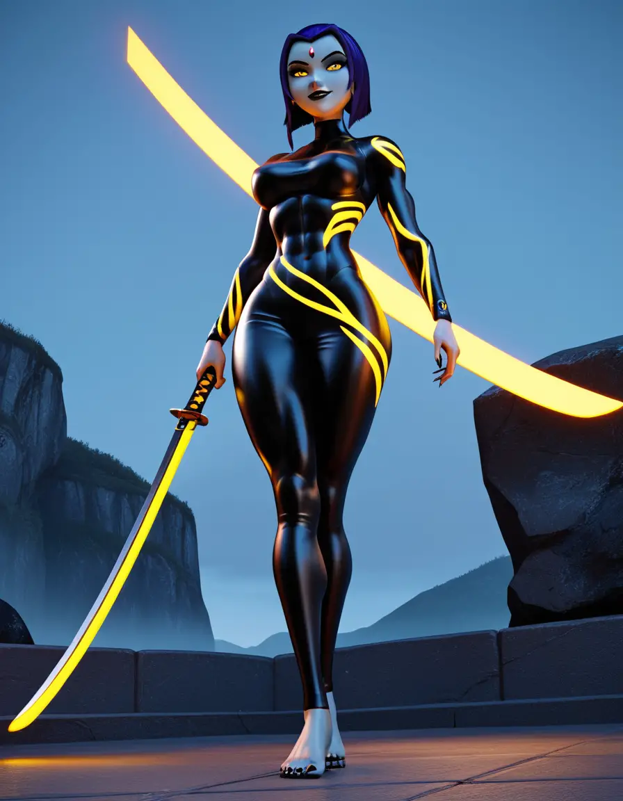 Giant futuristic woman with glowing yellow eyes and katana