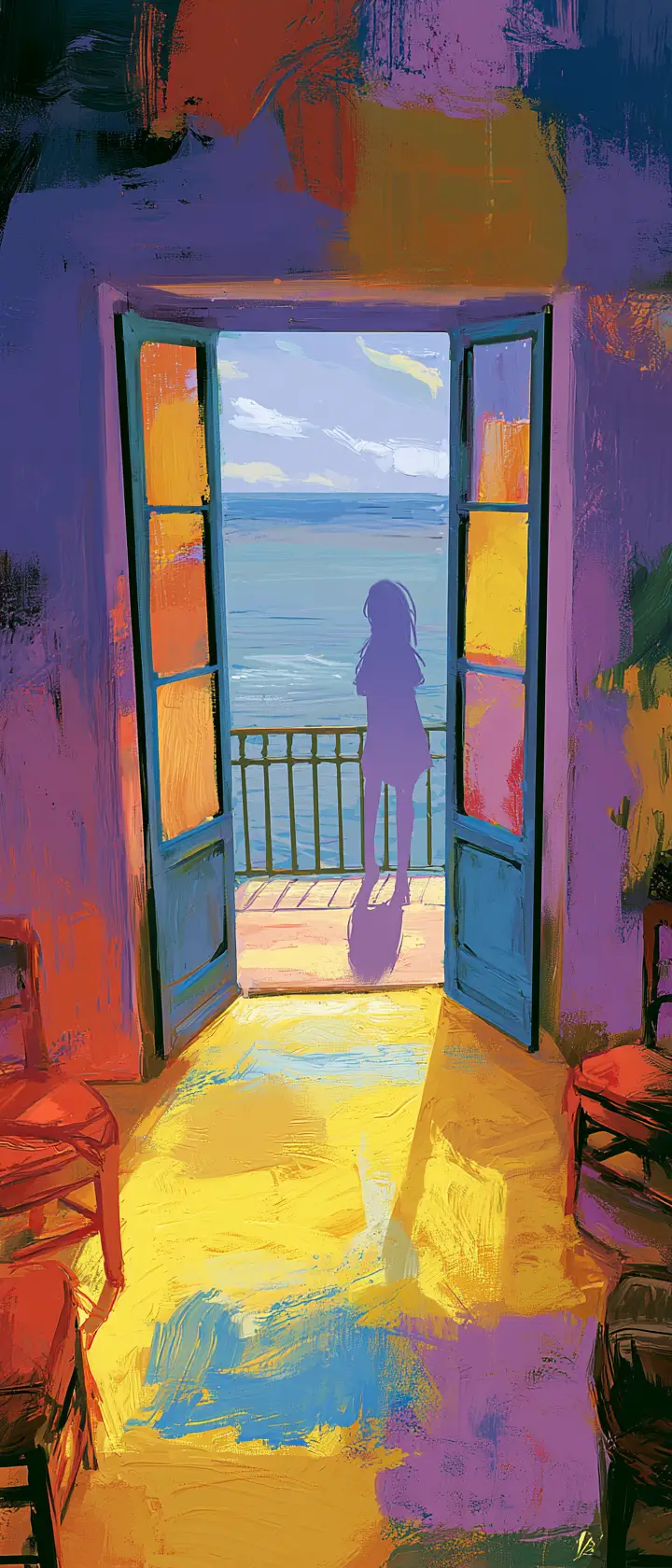 Femme d’anime dans une pièce colorée regardant par la fenêtre du balcon