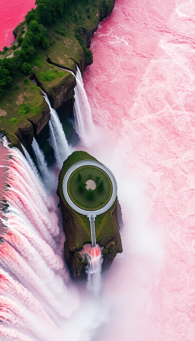 Vista aerea obliqua di una colossale cascata di fiume rosa