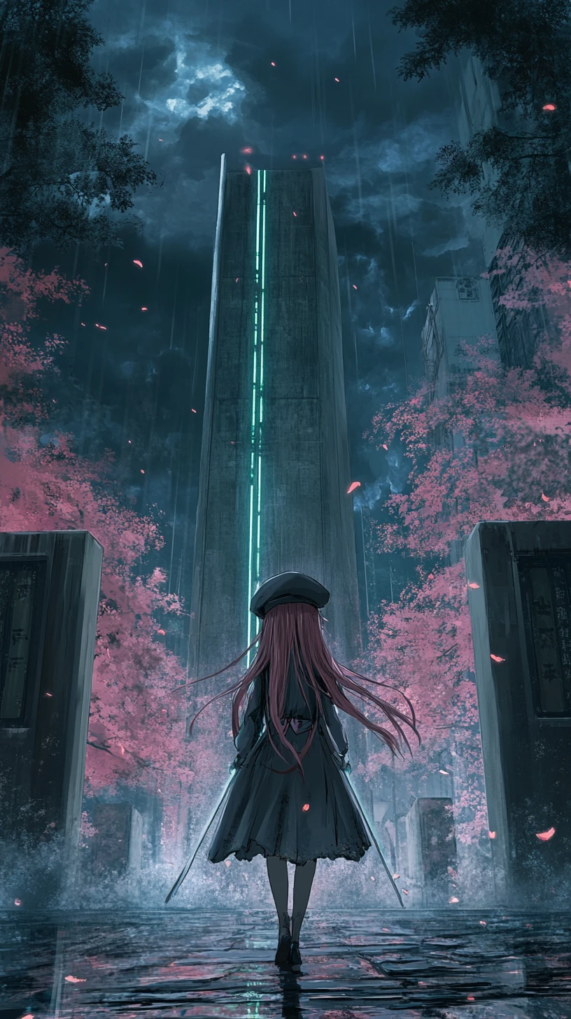 Fille d’anime près d’une tour en béton aux lumières vertes