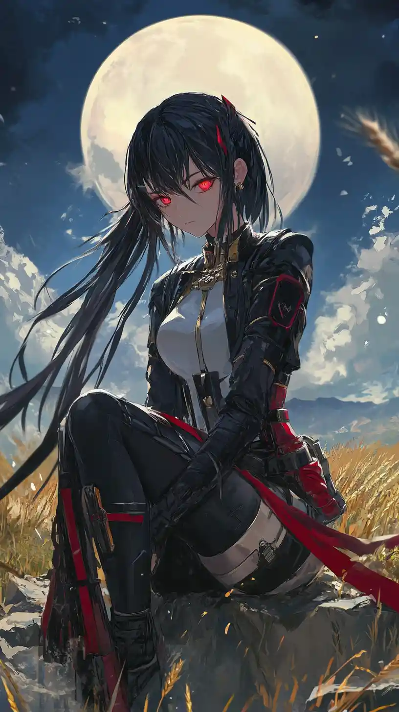 Garota de anime em mundo de círculos de pedra em camadas ao entardecer